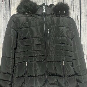 Calvin Klein Womens PXL Petite Sorona Aura Coat Faux Fur Hood Black‎ Puffer NEW